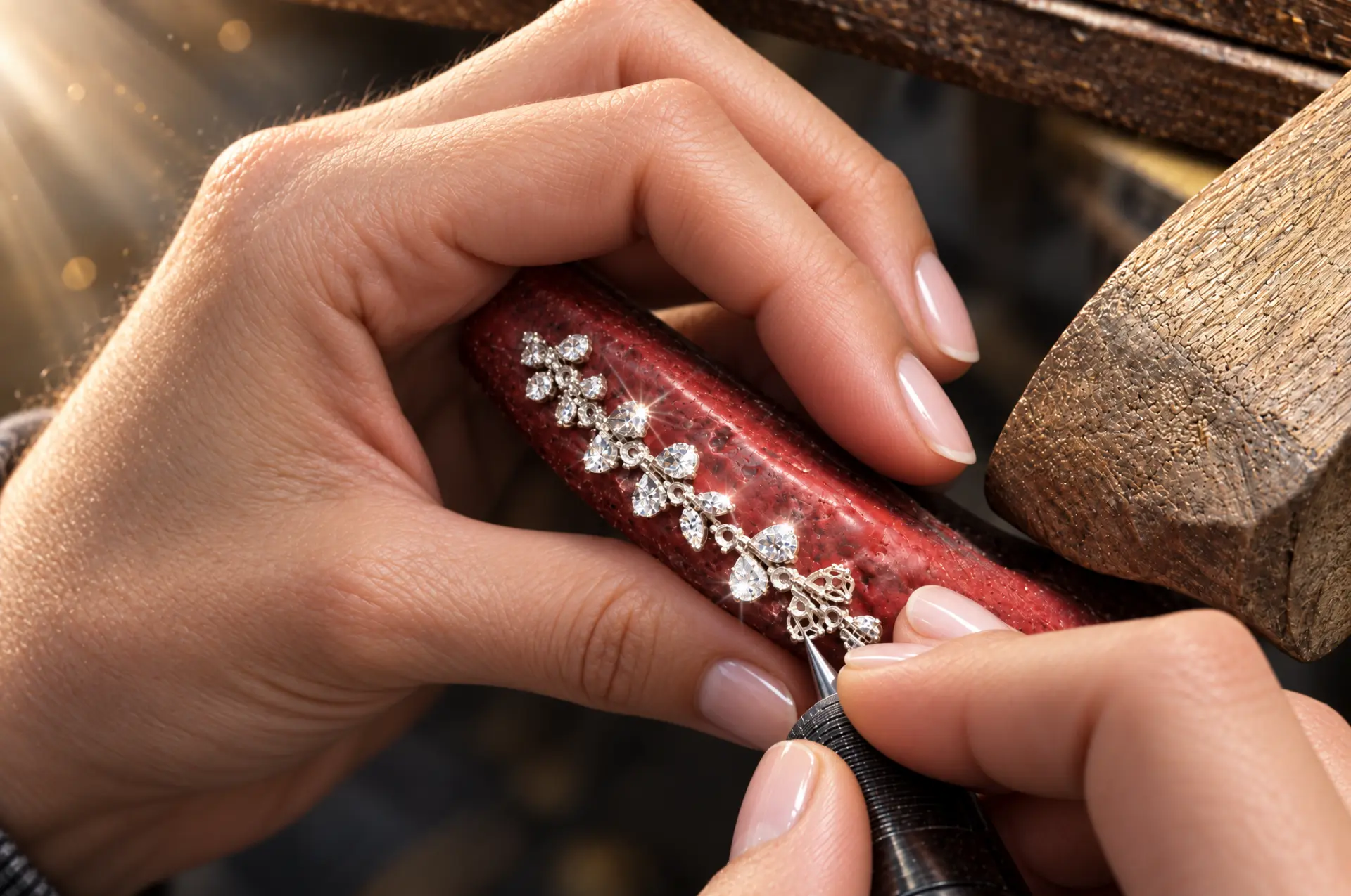 An Astrea London jeweller setting diamonds by hand at the atelier bench