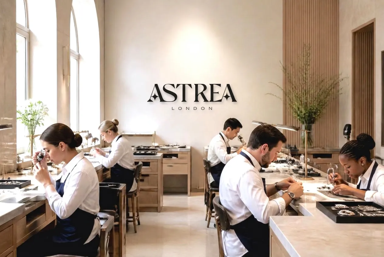 A jeweller setting a diamond ring at the Astrea London bench